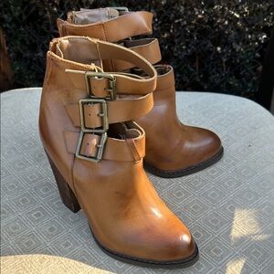 Chinese Laundry Brown Heeled Boots with Triple Buckle Straps